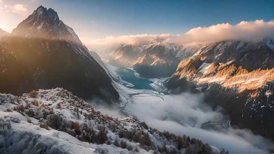 雪山山谷湖泊自然风光