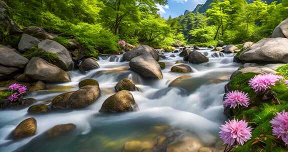 山间溪流与繁花美景