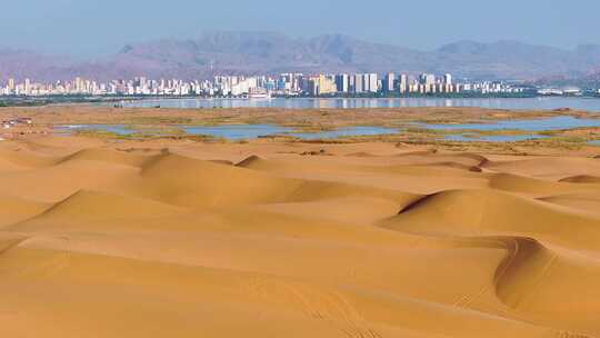 航拍乌海市乌海湖沙漠沙丘视频素材模板下载