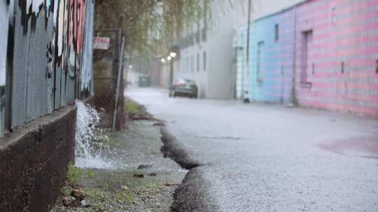 大雨落在沥青路上