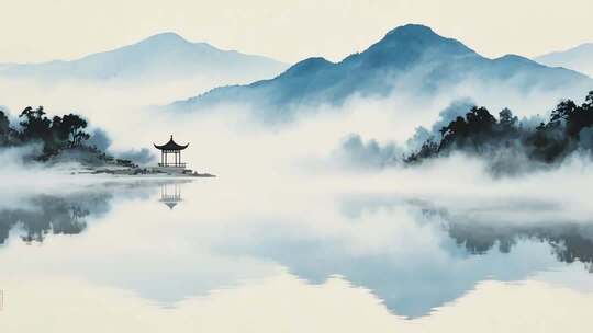 山水间中式亭子风景画面