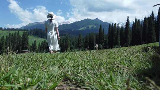 4k风景新疆伊犁女生走在库尔德宁草地背影