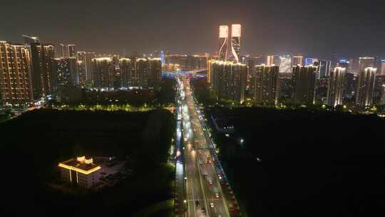 杭州滨江区闻涛路秋石高架路夜晚夜景航拍车