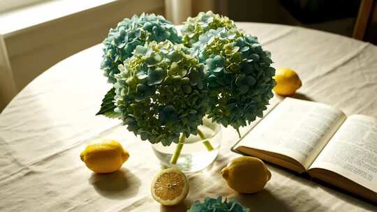 桌上绣球柠檬与翻开的书籍
