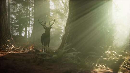 清晨阳光下森林中的小鹿