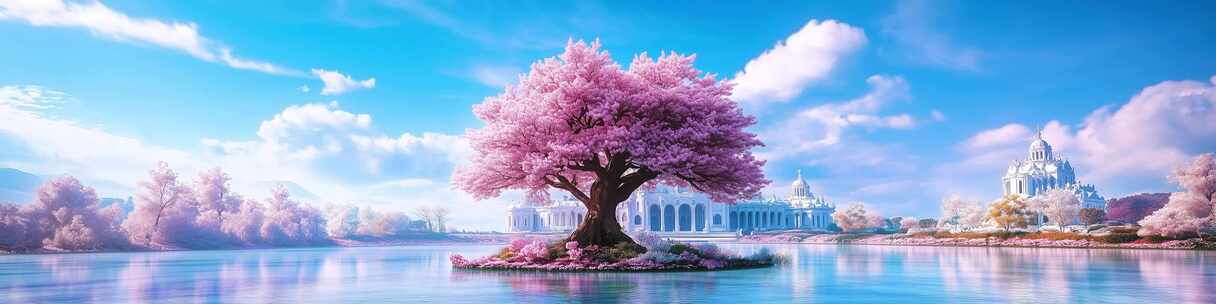 湖畔粉色繁花大树与欧式建筑