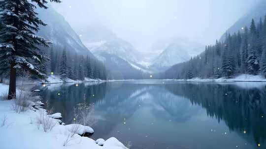 高山湖泊冬季雪景4k舞台粒子活动背景