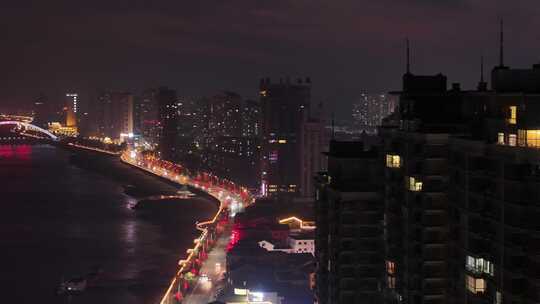 航拍辽宁丹东鸭绿江城市夜景