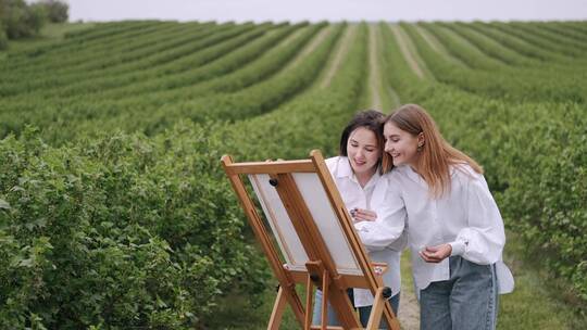 女人在种植园里画画