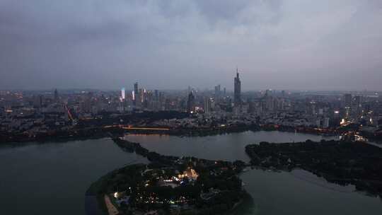 江苏南京夕阳晚霞夜幕降临夜景灯光航拍