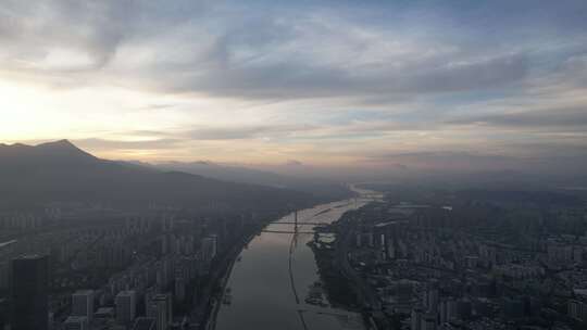 福建福州城市清晨闽江日出航拍