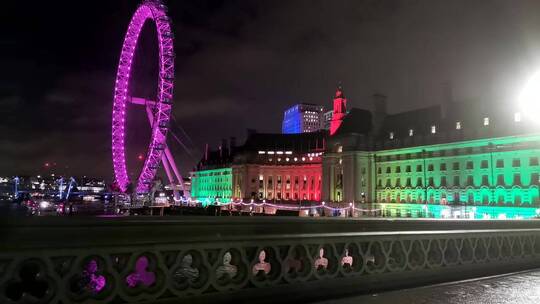 晚伦敦市政厅背后的伦敦眼视频素材模板下载
