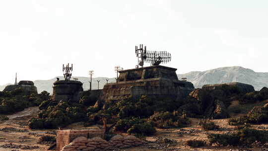 岩石结构和无线电塔的沙漠景观