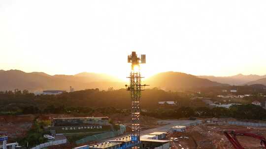 建筑工地航拍乡村建设农村开发吊塔日出工地