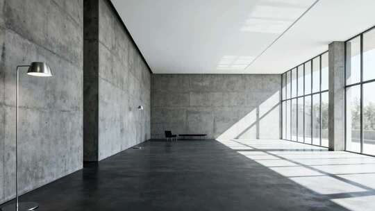 极简工业风清水混凝土展厅光影变化场景