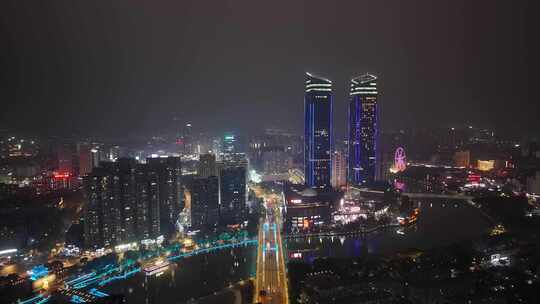 浙江湖州夜景湖州银泰百货夜景航拍