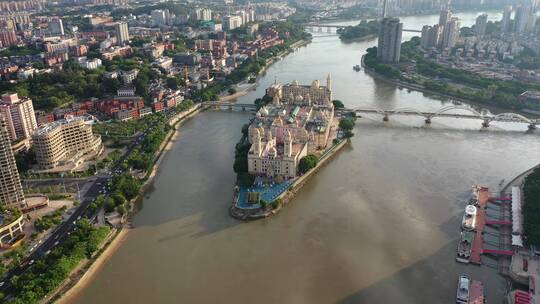 福建省福州市中洲岛日落航拍城市风光