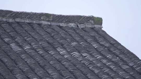 雨中的农村屋顶黑色瓦片