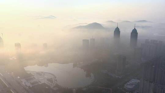 航拍云雾中的枣庄新城市政中心