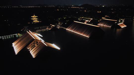 航拍上海松江广富林遗址建筑灯光夜景