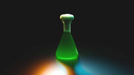 锥形瓶里发光的绿色液体冒出浓烟