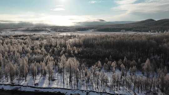 航拍大兴安岭雪原雾凇美景