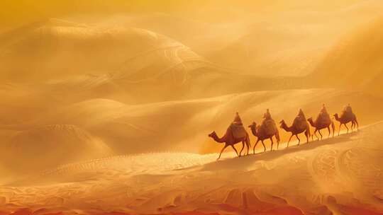 一带一路骆驼商队行走在沙漠状的丝绸布上