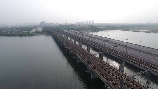 航拍跨河铁路公路大桥
