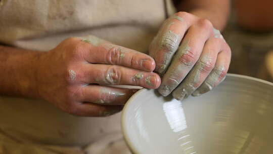 波特轻轻地形成陶瓷容器在陶轮上旋转的手工