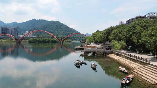 航拍杭州建德新安江彩虹桥