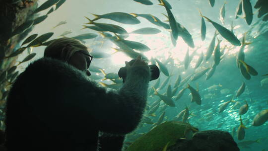 女人在水族馆隧道拍照