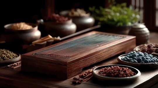 中药材与茶具营造养生静谧氛围