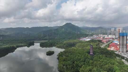 航拍深圳坪山泰和塔，大山陂水库，古塔山水