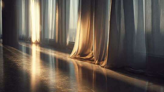 室内阳光透过窗帘洒地画面