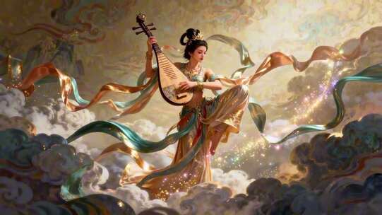 古装女子云端弹奏琵琶