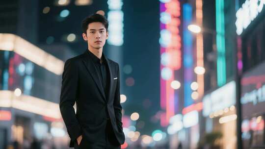 夜晚街头身着西装的男士