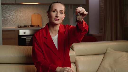 穿着红色西装外套的微笑女人在现代客厅拿着视频素材模板下载