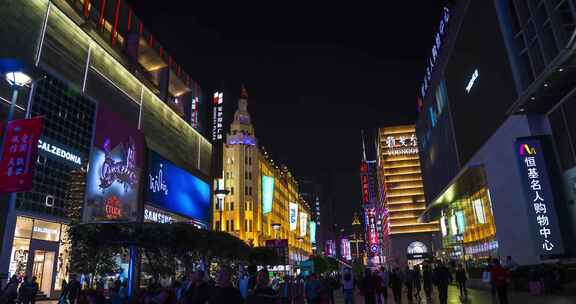 上海城市南京东路步行街夜景4k延时