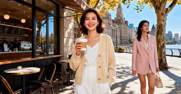 街头两位女士休闲漫步