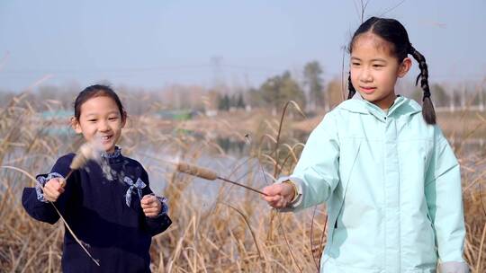 冬季在公园湖边游玩的两个中国女孩视频素材模板下载
