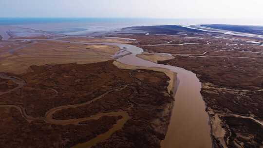 航拍山东黄河入海口湿地