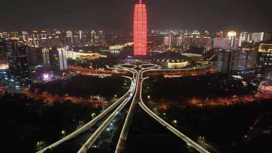 郑州市夜景航拍金水路立交桥城市交通夜晚金