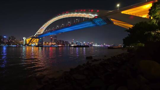 上海浦东新区卢浦大桥岸边夜景全景视频4K