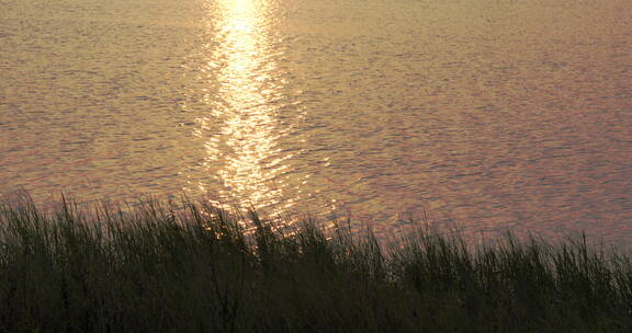 湖面反光日落反光金光灿灿波光粼粼空镜头