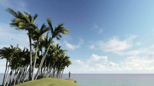 一名男子在岛上以3D方式观看平静的大海