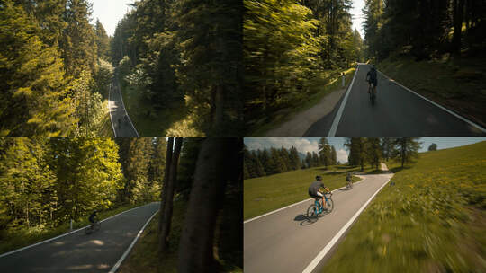 航拍自行车森林公路骑行