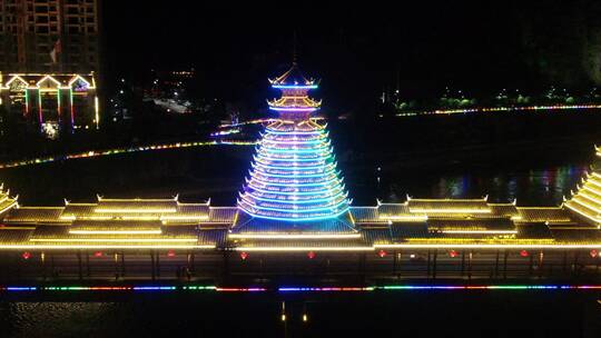 城市航拍湖南新晃晃州风雨桥夜景