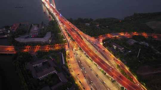 航拍杭州彩虹快速路之江大桥夜景