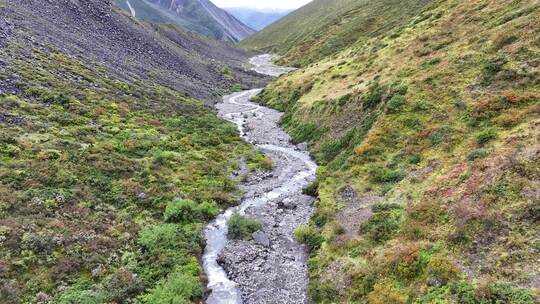 航拍四川川西子梅村高山河谷草甸风光