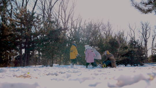 快乐家庭在雪地里玩耍